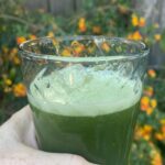 A hand holding a class I=of celery juice with bushes behind, representing a group detox workshop at Fremantle