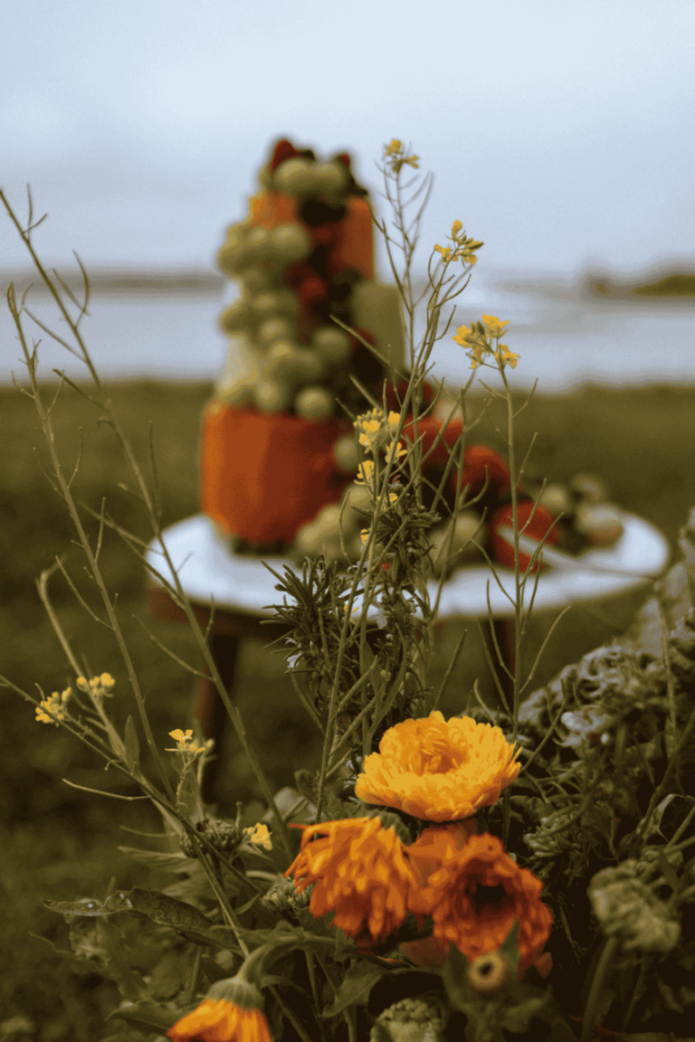 A watermelon cake with a bouquet of calendula flowers in front od it and a river behind it