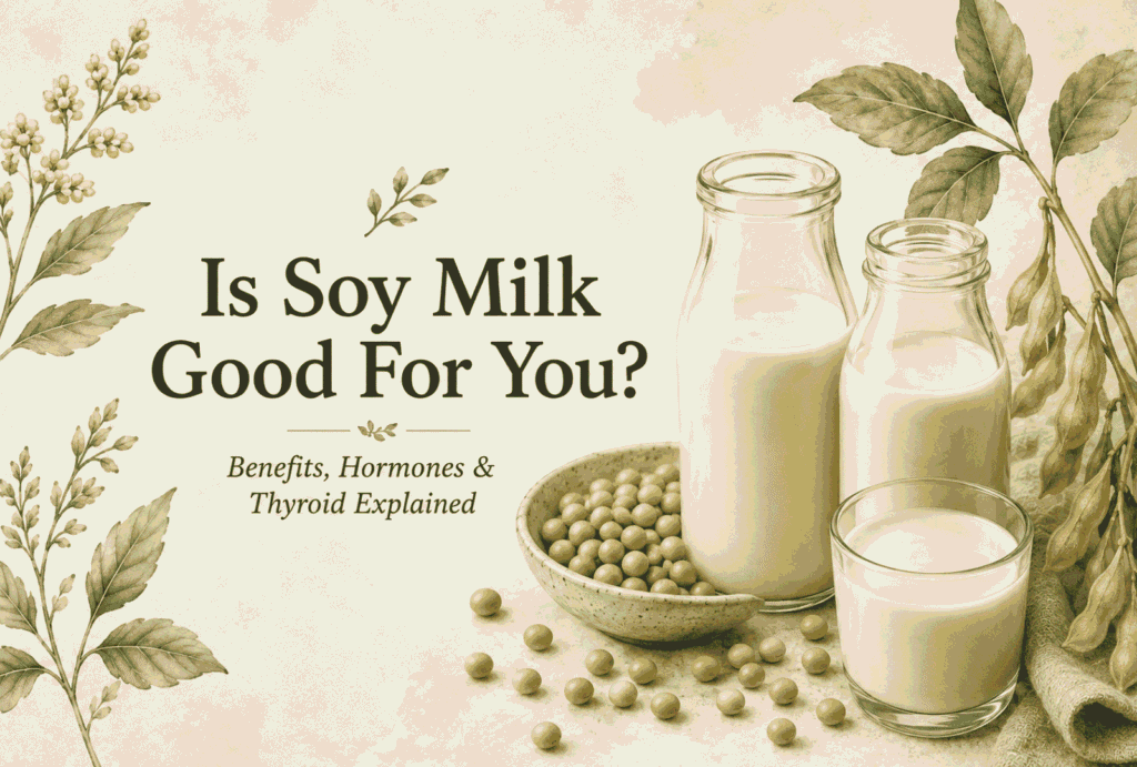 Illustration, soft tones, glass bottles of soy milk, with a branch of the soy plant and some beans in the background