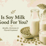 Illustration, soft tones, glass bottles of soy milk, with a branch of the soy plant and some beans in the background