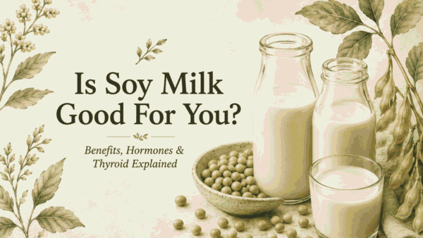 Illustration, soft tones, glass bottles of soy milk, with a branch of the soy plant and some beans in the background