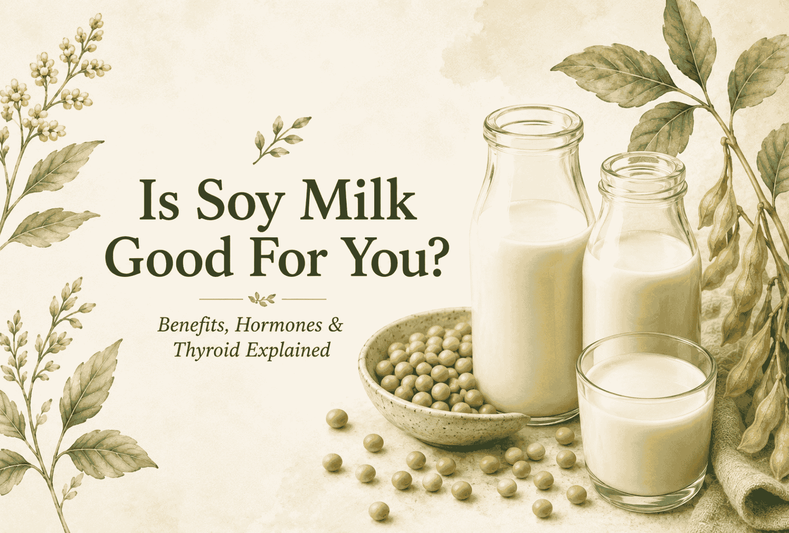 Illustration, soft tones, glass bottles of soy milk, with a branch of the soy plant and some beans in the background