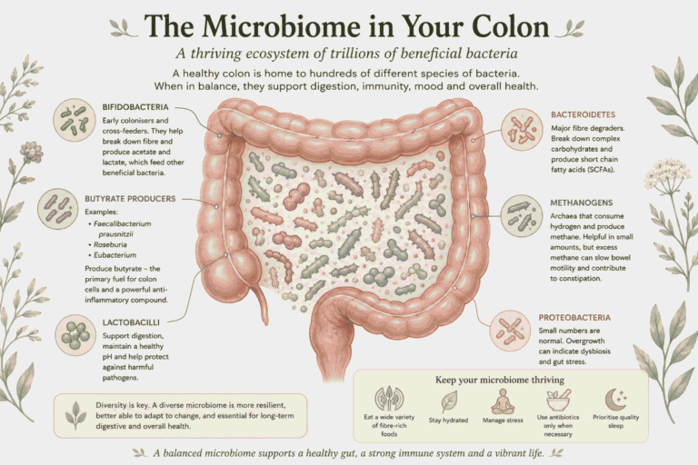 An illustration of the microbiome in the colon, soft feel, with flowers and plants in background