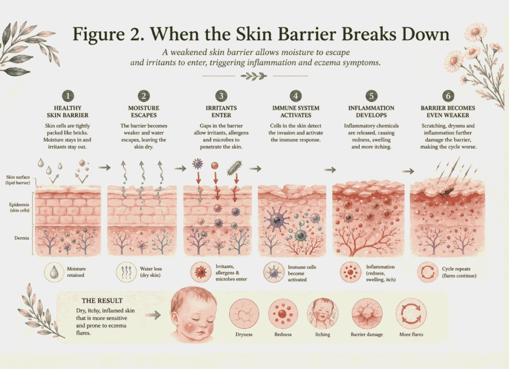 Illustrated picture of the skin barrier breakdown that happens in infantile eczema